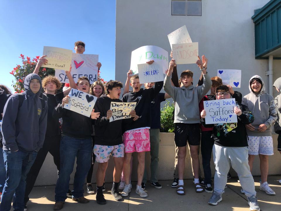 Roughly 40 students protested outside the Anderson High School administration office on Tuesday morning to protest the departure of former principal Thomas Safford. His last day was April 14.