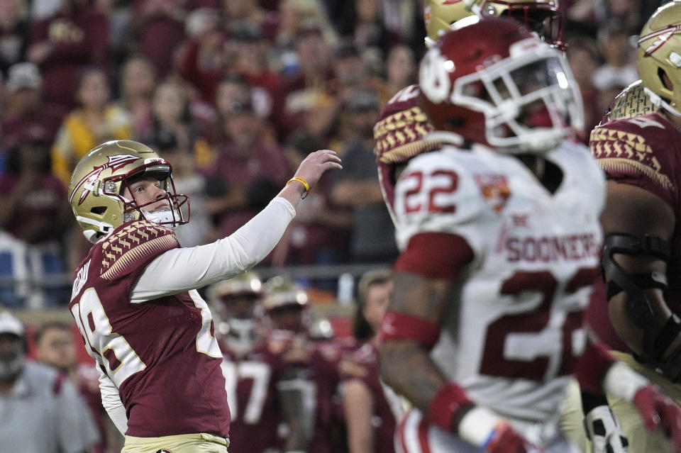 Florida State place-kicker Ryan Fitzgerald (88) watches his field goal against Oklahoma during the first half of the Cheez-It Bowl NCAA college football game Thursday, Dec. 29, 2022, in Orlando, Fla. (AP Photo/Phelan M. Ebenhack)