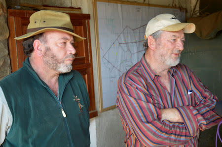 Ranch owners Martin Evans (L) the head of the Laikipia Farmers Association, who is also the owner of Ol Maisor ranch in Laikipia County and Richard Outram a director at Sosian ranch, address the media on the killing of Tristan Voorspuy, a British co–owner of Sosian ranch, in the drought-stricken Laikipia region, Kenya, March 6, 2017. REUTERS/Stringer