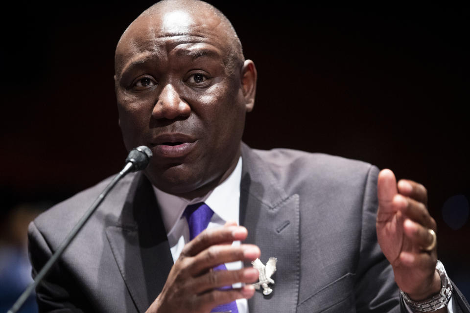 Civil rights attorney Ben Crump testifies during a House Judiciary Committee hearing on proposed changes to police practices and accountability on Capitol Hill, Wednesday, June 10, 2020, in Washington. (Michael Reynolds/Pool via AP)