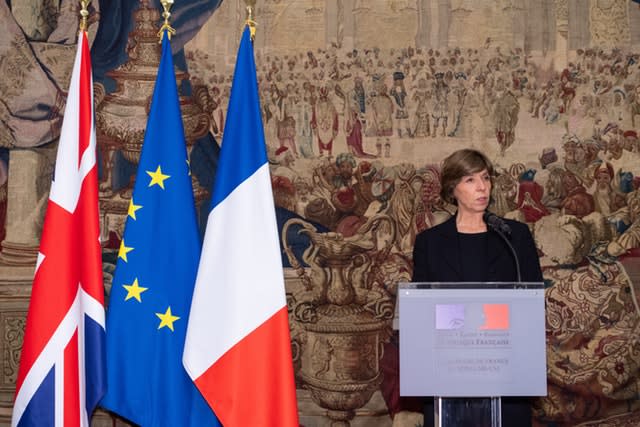 French ambassador to the UK Catherine Colonna makes a speech during a Legion d’Honneur presentation ceremony at the French ambassador’s residence in Kensington Gardens, London