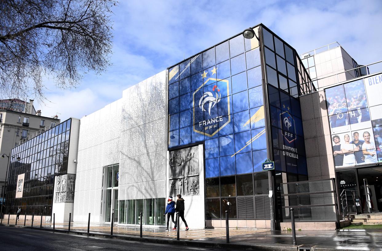 A photograph taken on March 14, 2020 shows the headquarters of the French Football Federation in Paris. - The French football season has been suspended "until further notice" because of the coronavirus outbreak, the LFP, which runs the elite Ligue 1 and Ligue 2, announced on March 13, 2020. (Photo by FRANCK FIFE / AFP) (Photo by FRANCK FIFE/AFP via Getty Images)