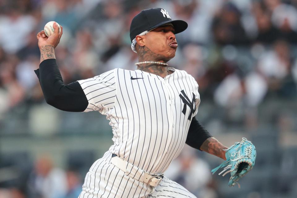 New York Yankees starting pitcher Marcus Stroman (0) delivers a pitch during the first inning against the Detroit Tigers at Yankee Stadium in New York on Friday, May 3, 2024.