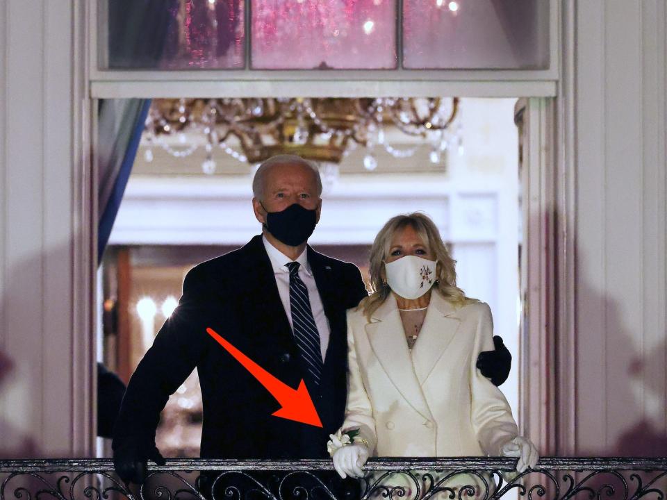 President Joe and first lady Jill Biden, wearing a corsage, at the White House after the inauguration.