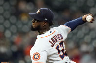 Houston Astros starting pitcher Cristian Javier throws against the Los Angeles Angels during the first inning of a baseball game Thursday, April 22, 2021, in Houston. (AP Photo/David J. Phillip)