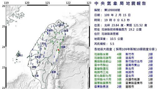 全台各地最大震度。（圖／翻攝自中央氣象局）