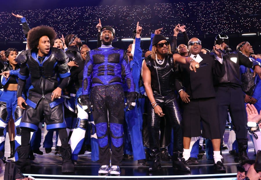 LAS VEGAS, NEVADA – FEBRUARY 11: (L-R) Ludacris, Usher, Lil Jon, Jermaine Dupri and will.i.am perform onstage during the Apple Music Super Bowl LVIII Halftime Show at Allegiant Stadium on February 11, 2024 in Las Vegas, Nevada. (Photo by Kevin Mazur/Getty Images for Roc Nation)