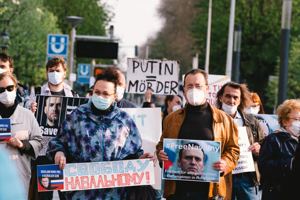 Protesters in Düsseldorf, Germany, rally to support Russian opposition politician Alexei Navalny, April 21, 2021