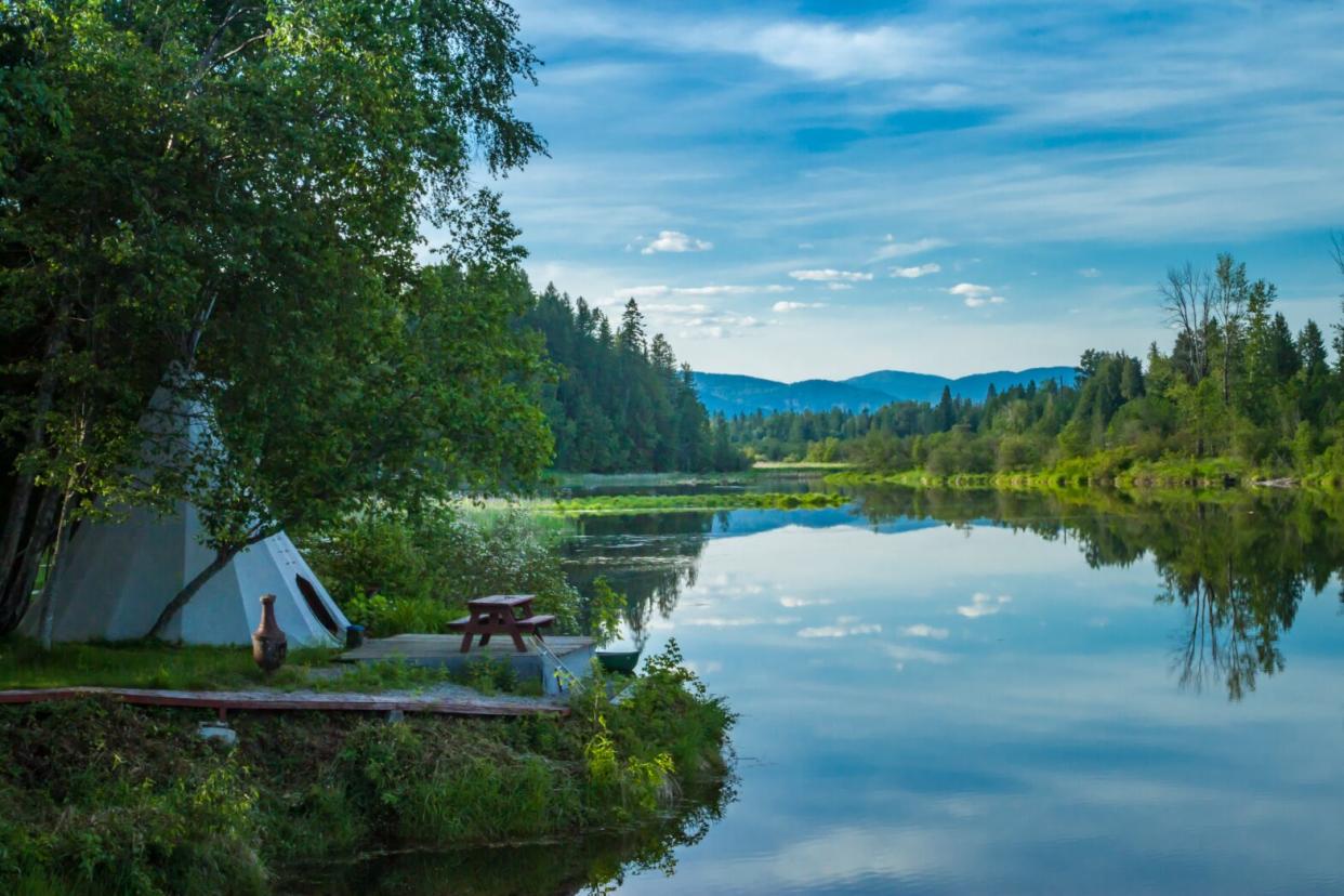 luxury camping tent on a lake