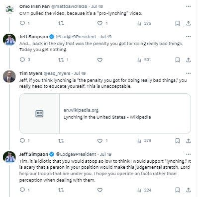 In this screen capture of replies on X, formerly known as Twitter, Fraternal Order of Police Capital City Lodge No. 9 President Jeff Simpson has a back and forth exchange with a Columbus police deputy chief about lynching.