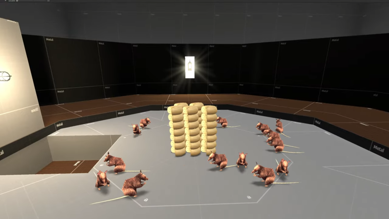  Rats circling a stack of cheese in a grey videogame test environment for the game Gloomwood. 