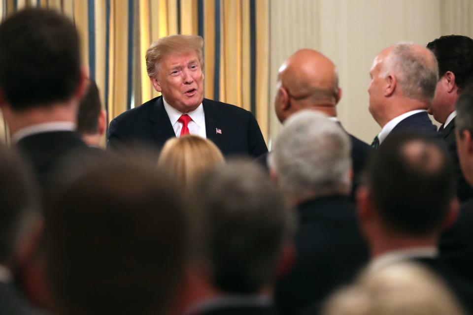 President Donald Trump addresses a meeting of the National Association of Attorneys General in the State Dining Room at the White House on March 4, 2019.