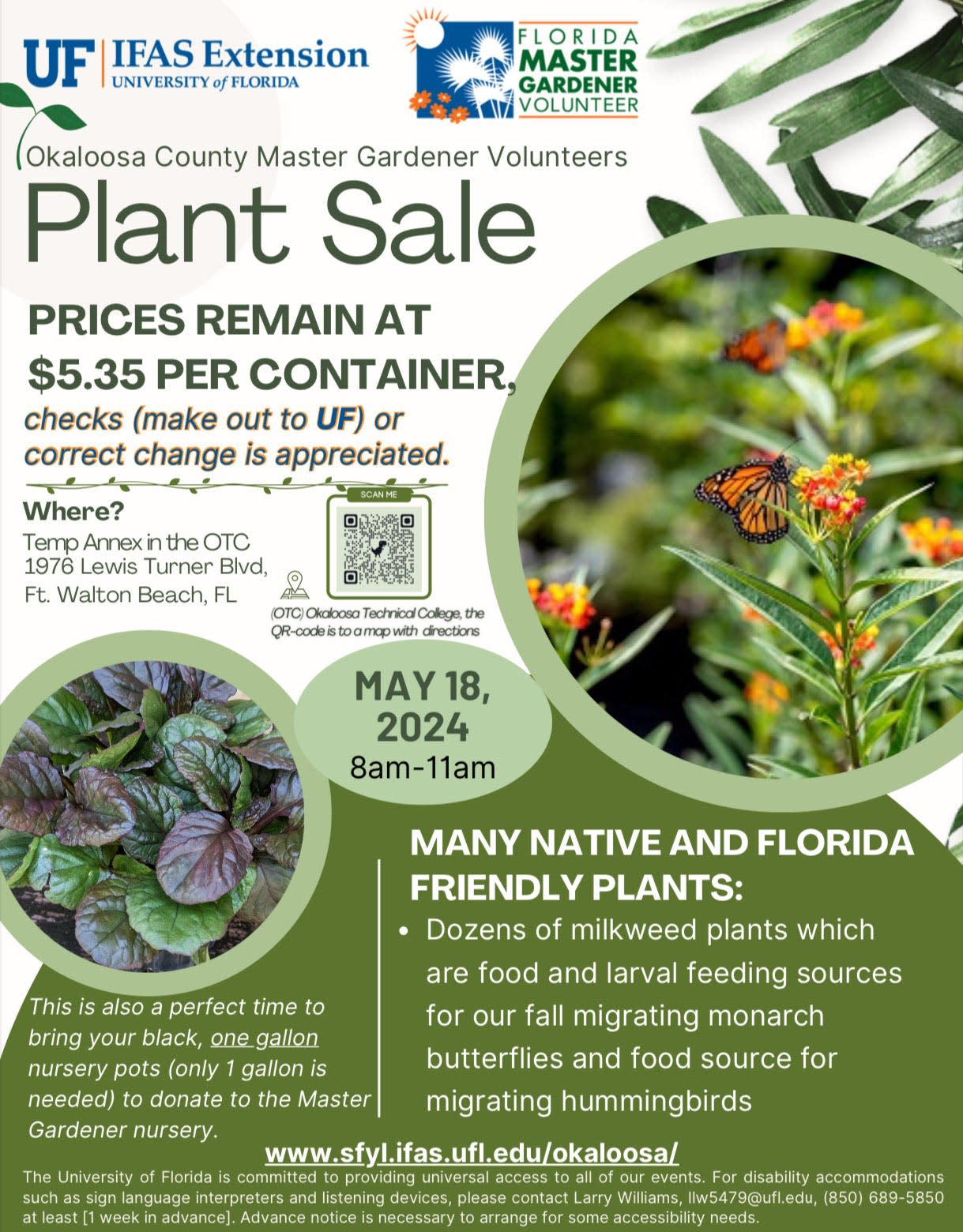 The UF/IFAS Okaloosa County Master Gardener Volunteers will hold their 2024 Spring Plant Sale from 8 to 11 a.m. May 18 at the temporary UF/IFAS Extension Annex located at the Okaloosa Technical College in Fort Walton Beach.