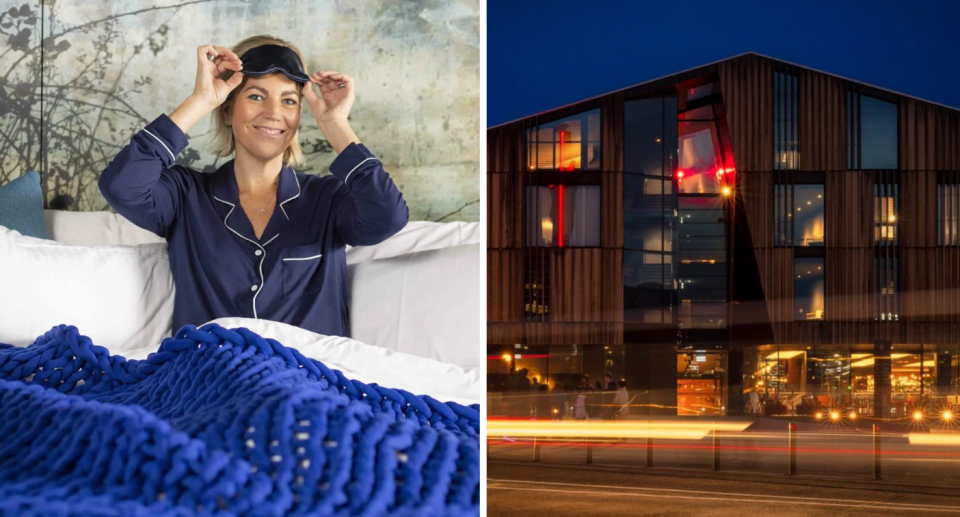 Woman sleeping in hotel room next to photo of hotel from the outside