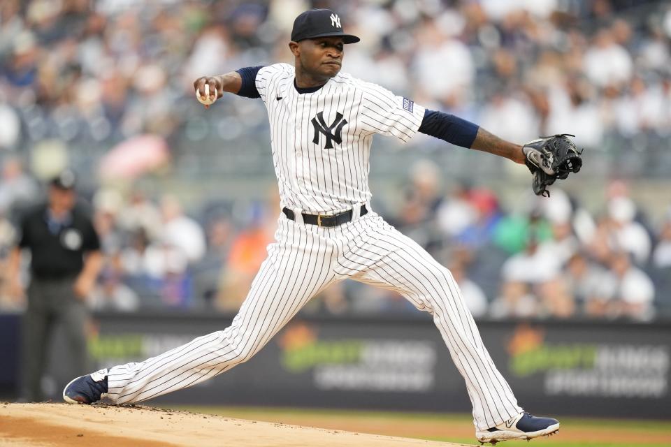 New York Yankees' Domingo German pitches during the first inning of a baseball game against the New York Mets, Tuesday, July 25, 2023, in New York. (AP Photo/Frank Franklin II)