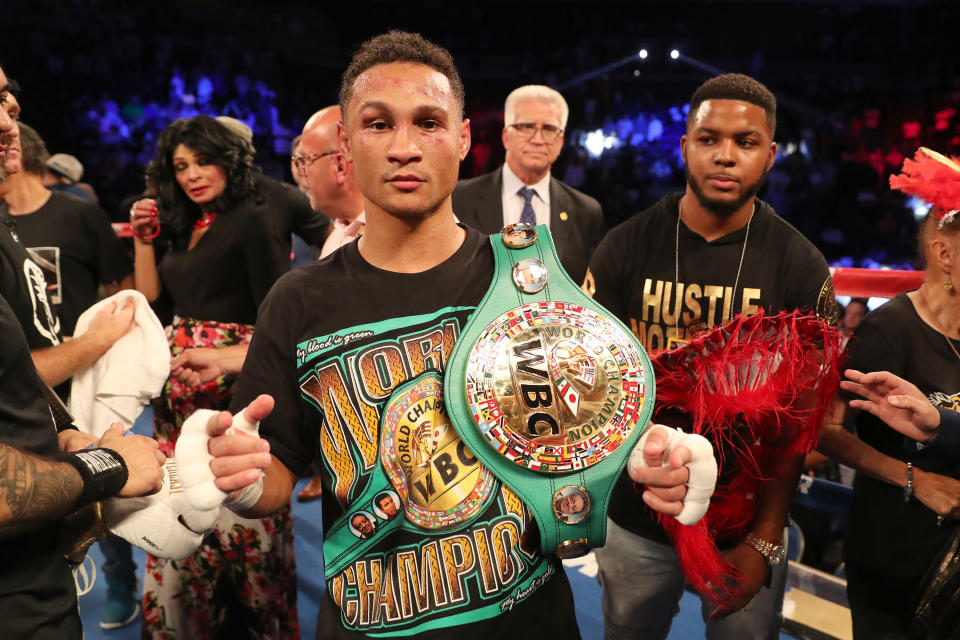 Regis Prograis celebrates after defeating Juan Jose Velasco during their WBC Diamond Super Lightweight Title boxing match at the UNO Lakefront Arena on July 14, 2018, in New Orleans. (Getty Images)