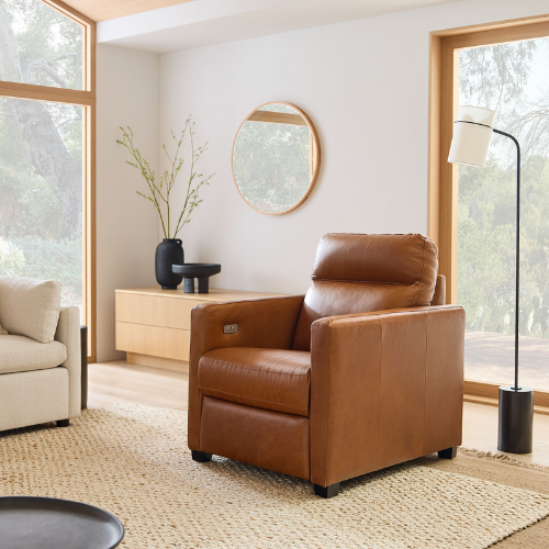 brown leather harris power recliner in living room