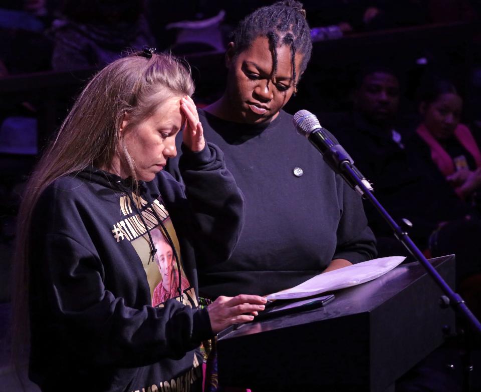 Cameo Holland, mother of Stavian Rodriguez, addresses Oklahoma City Police Chief Wade Gourley on Sunday evening as police and community leaders meet at the Tower Theatre for a forum following the death of Tyre Nichols in Memphis. At right is Adrianna Laws.