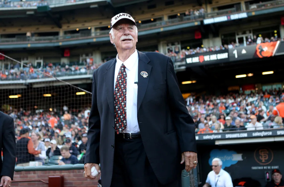 Hall of Famer and former San Francisco Giants pitcher Gaylord Perry waits on the field before throwing out the ceremonial first pitch before the start of the Giants&#39; game against the Baltimore Orioles at AT&T Park in San Francisco, Calif., on Saturday, Aug. 13, 2016. (Anda Chu/Bay Area News Group) (Photo by MediaNews Group/Bay Area News via Getty Images)
