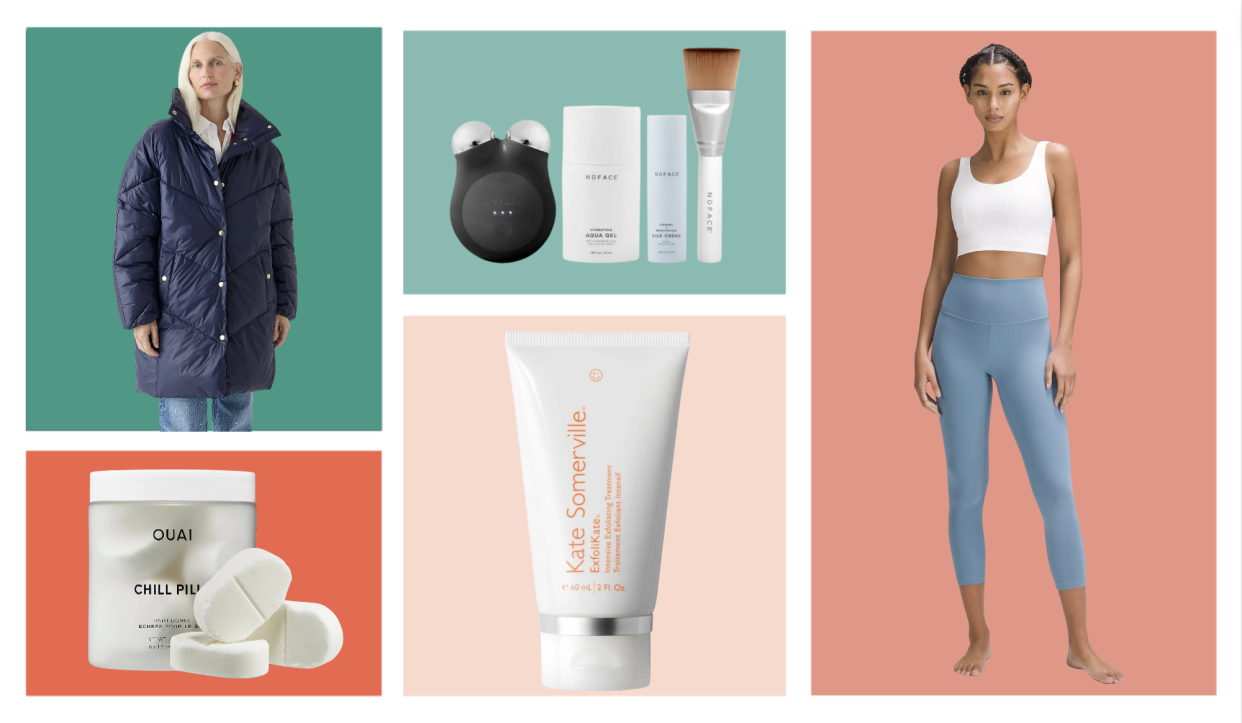 collage of a puffer coat, a nuface set, a model in leggings, shower bombs and exfoilator.