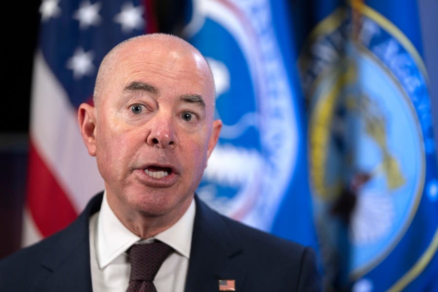 Homeland Security Secretary Alejandro Mayorkas speaks to the Associated Press during an interview at the headquarters of the Federal Emergency Management Agency (FEMA) on Friday, June 21, 2024, in Washington. (AP Photo/Mark Schiefelbein)