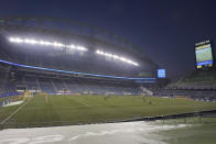 Seattle Sounders and San Jose Earthquakes play under hazy conditions at CenturyLink Field during the first half of an MLS soccer match, Thursday, Sept. 10, 2020, in Seattle. Smoke from wildfires was in the air across the Seattle region. (AP Photo/Ted S. Warren)