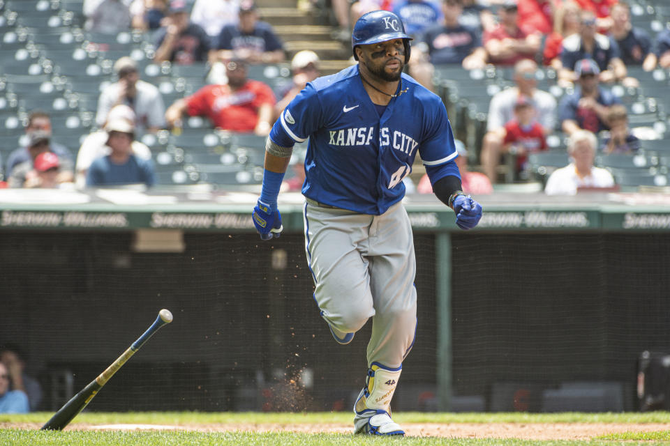 Kansas City Royals' Carlos Santana heads to first base after hitting a single off Cleveland Guardians starting pitcher Konnor Pilkington during the fourth inning of a baseball game in Cleveland, Tuesday, June 1, 2022. (AP Photo/Phil Long)