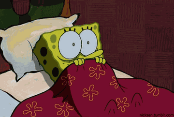 spongebob shaking under covers