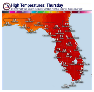 High temperatures forecast for Florida Jan. 25, 2024.