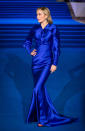 <p>The film’s star matched the blue carpet in a satin Schiaparelli gown, which model Winnie Harlow wore on the catwalk back in July in Paris. <em>[Photo: Getty]</em> </p>