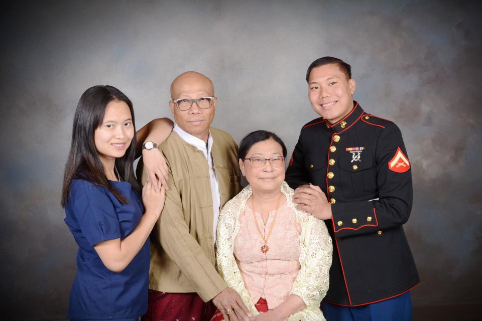 Denver, Colorado April 2, 2019.

From left: San Twin; Tin Aye’s husband, Aung Kwah Toe; Tin Aye; and San Twin’s brother, Aung Hah, in Denver in April 2019.