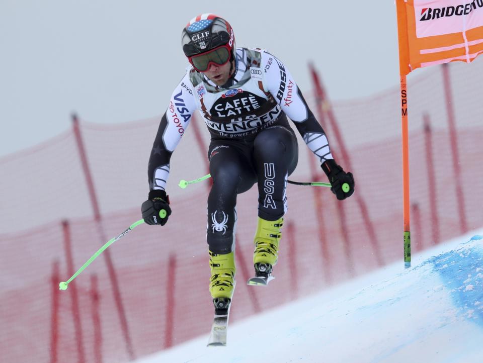 United States' Steven Nyman is airborne during an alpine ski, men's World Cup downhill training, in Wengen, Switzerland, Thursday, Jan. 17, 2019. (AP Photo/Shin Tanaka)