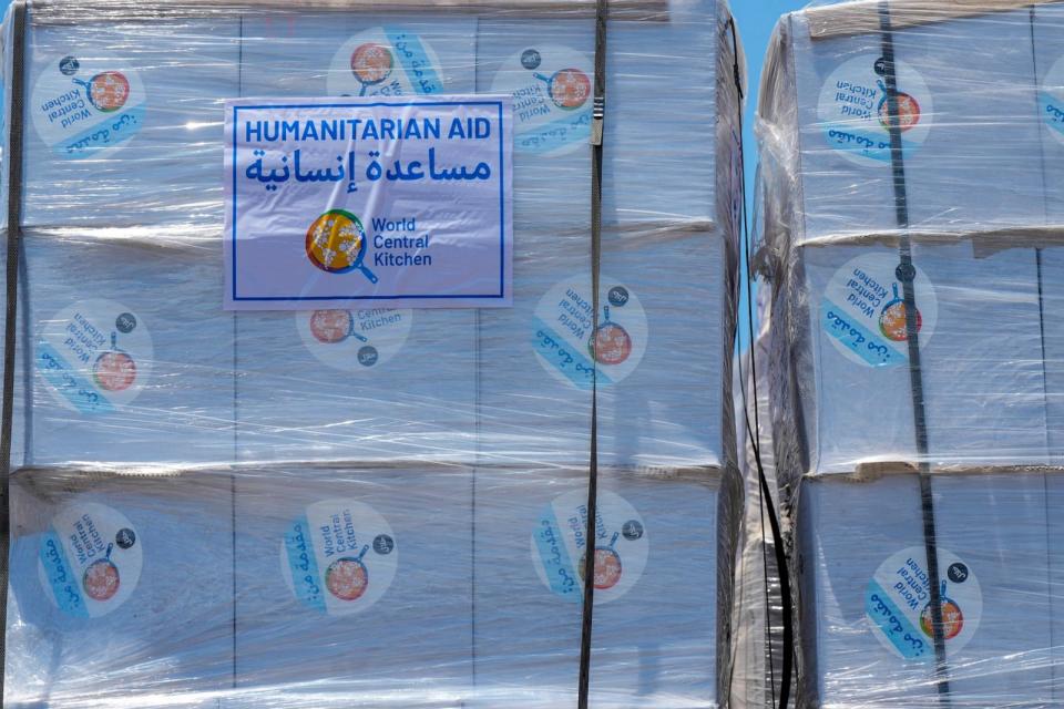 PHOTO: A bundle of humanitarian aid with the logo of World Central Kitchen (WCK) is seen at the Kerem Shalom border crossing to Gaza, in southern Israel, Thursday, May 30, 2024. (Tsafrir Abayov/AP, FILE)