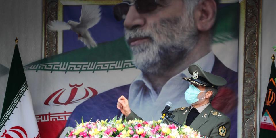 TEHRAN, IRAN - NOVEMBER 30: (----EDITORIAL USE ONLY MANDATORY CREDIT - "IRANIAN DEFENSE MINISTRY / HANDOUT" - NO MARKETING NO ADVERTISING CAMPAIGNS - DISTRIBUTED AS A SERVICE TO CLIENTS----) Amir Hatami, Iranian Defense Minister makes a speech during a funeral ceremony of Iranian Top nuclear scientist, Mohsen Fakhrizadeh Mahabadi, held at Defense Ministry of Iran in Tehran, Iran on November 30, 2020. Fakhrizadeh, who headed research and innovation at the defense ministry, was attacked Friday in Damavand county near Tehran. (Photo by Iranian Defense Ministry/Handout/Anadolu Agency via Getty Images)