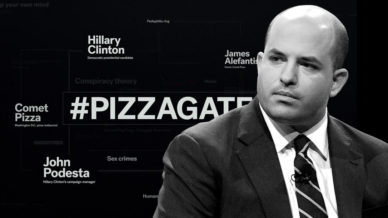 Brian Stelter and a frame from HBO's "After Truth". Photo illustration: Yahoo News; photos: HBO, Matt Winkelmeyer/Getty Images)