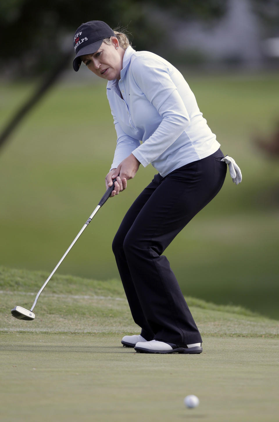 Cristie Kerr reacts to coming up short on her putt on the seventh hole during the first round of the North Texas LPGA Shootout golf tournament at the Las Colinas Country Club in Irving, Texas, Thursday, May 1, 2014. (AP Photo/LM Otero)