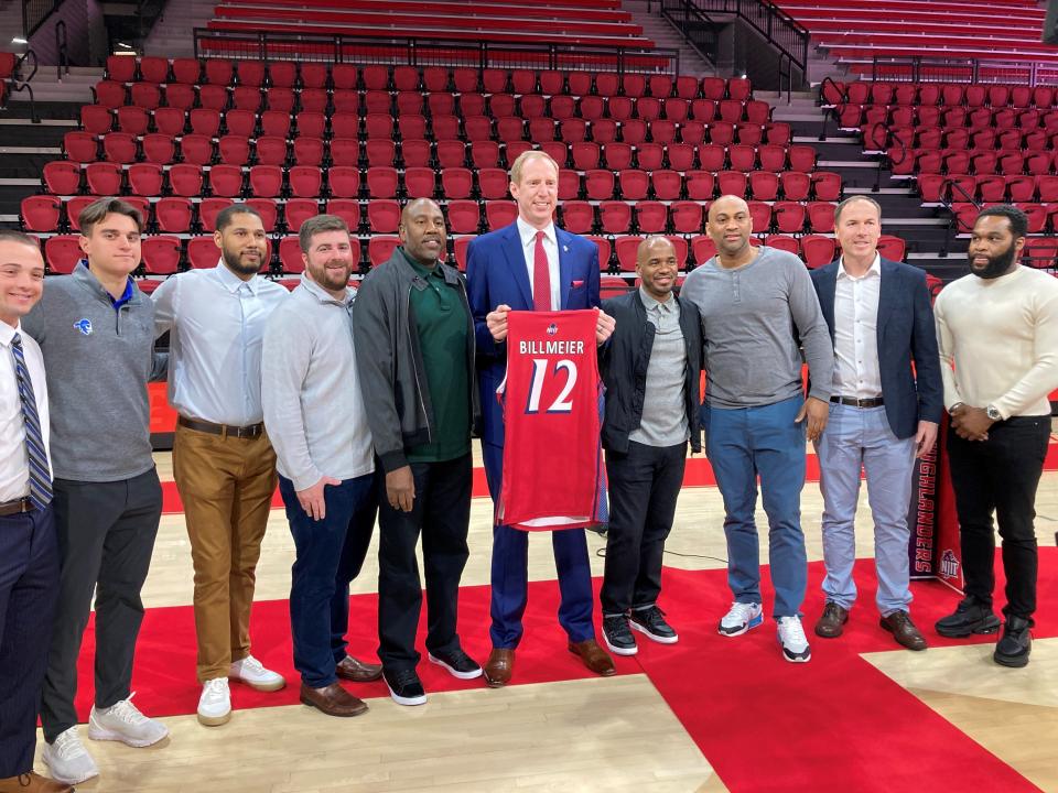 New NJIT basketball coach Grant Billmeier (center) with fellow Seton Hall guys Shaheen Holloway, John Morton, Ryan Whalen, John Allen, and Kevin Grier, among others, during his introductory press conference.