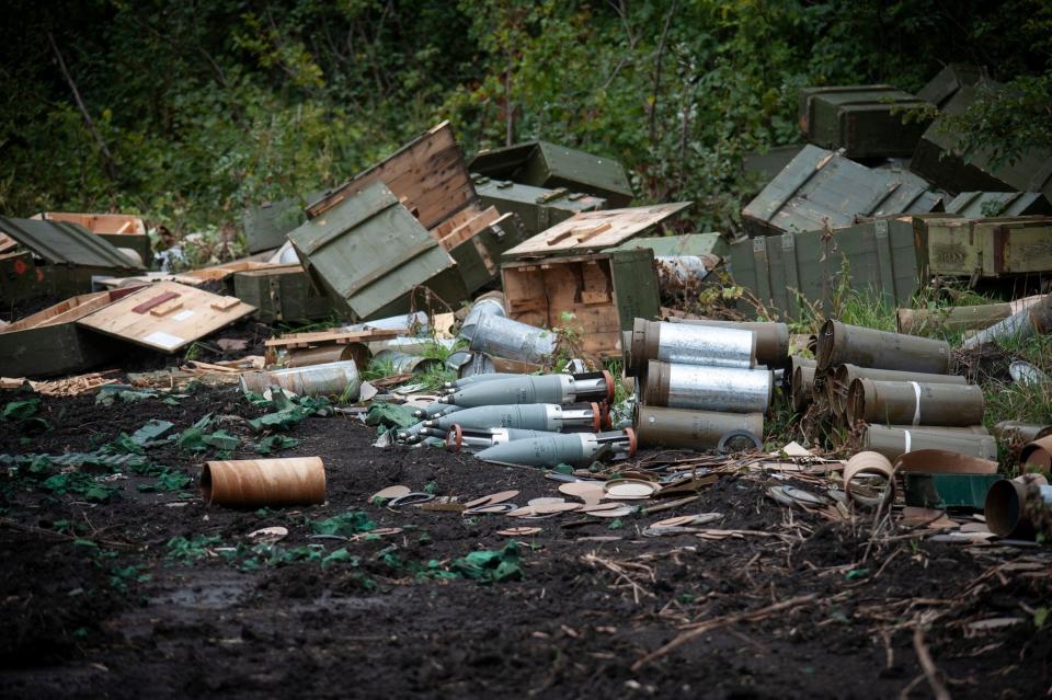 Russian artillery shells captured by Ukraine in Kharkiv province. (via REUTERS)