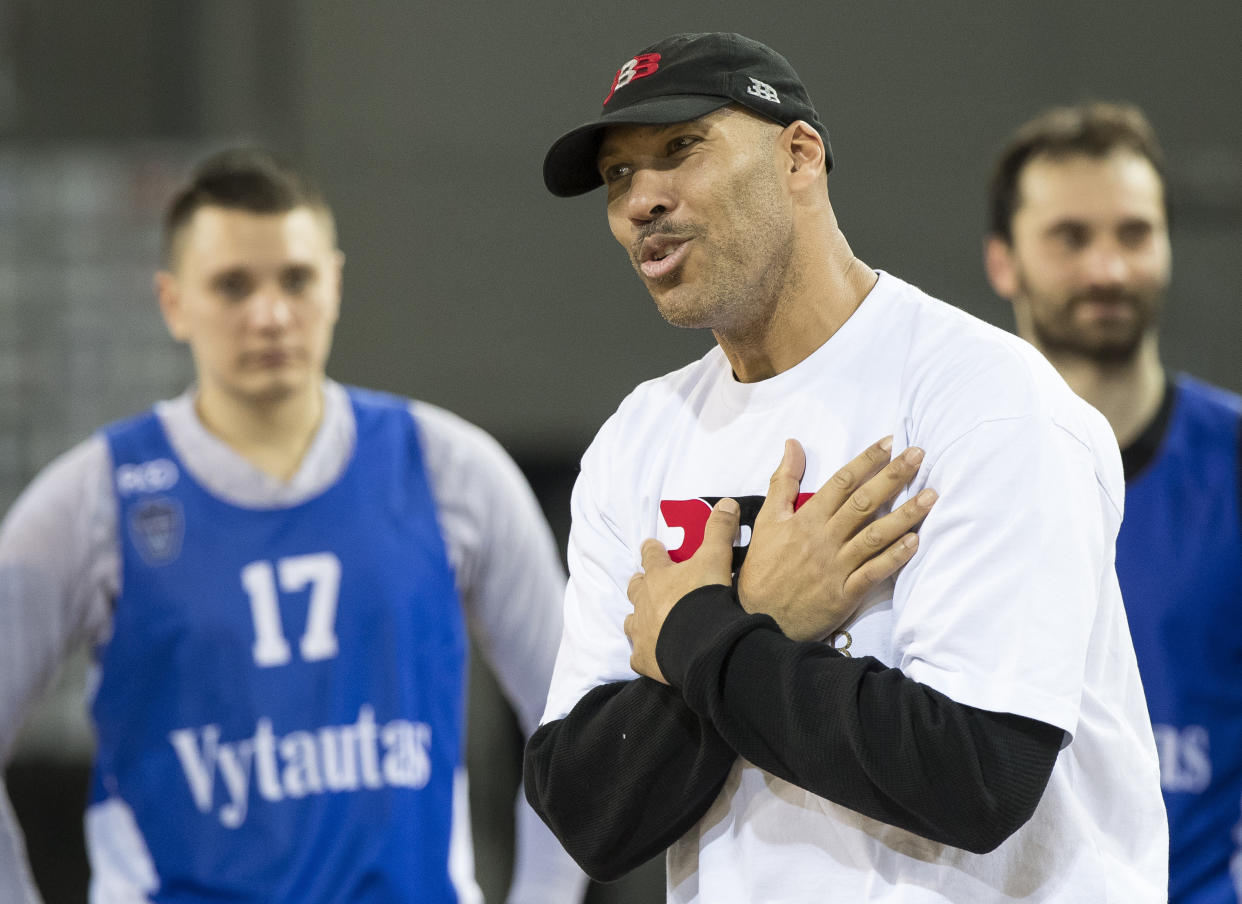 The father of American basketball players LiAngelo and LaMelo, LaVar Ball speaks during the training session at the BC Prienai-Birstonas Vytautas arena in Prienai, Lithuania. (AP Photo/Mindaugas Kulbis)