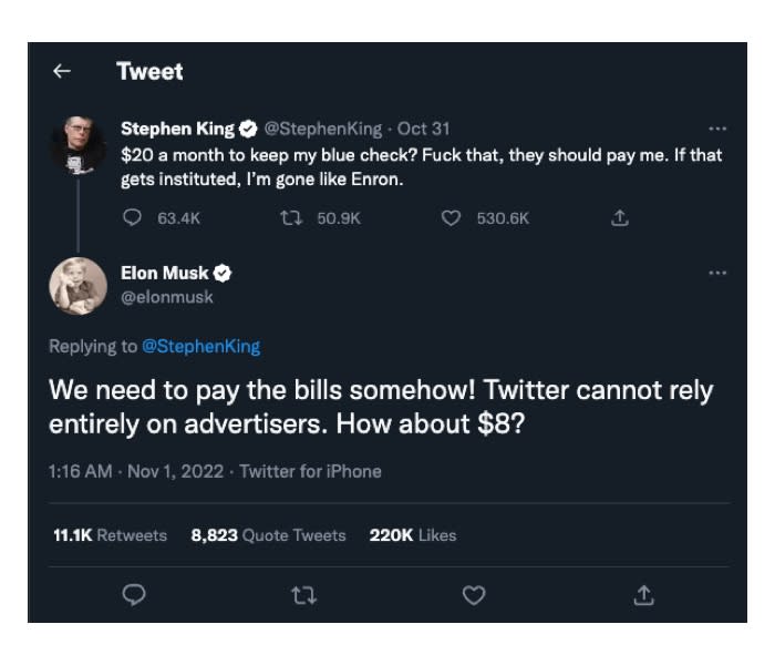 Elon Musk and Stephen King exchange tweets regarding Musk's plans to charge $20 for verification check marks. (Image: Howley)