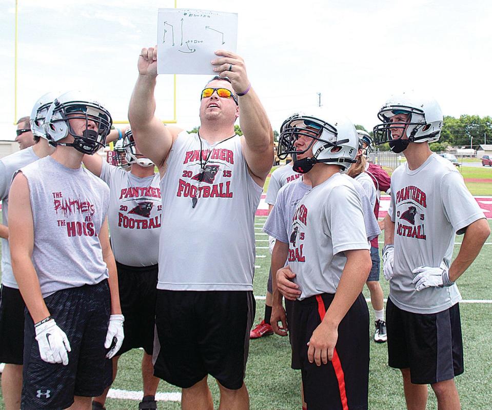 Kylee Sweeney explains a play during passing league action his first year (2016) as the Barnsdall High head football coach. Sweeney has guided Barnsdall to four playoff seasons in six campaigns, including a spot in the Class A quarterfinals in 2019.