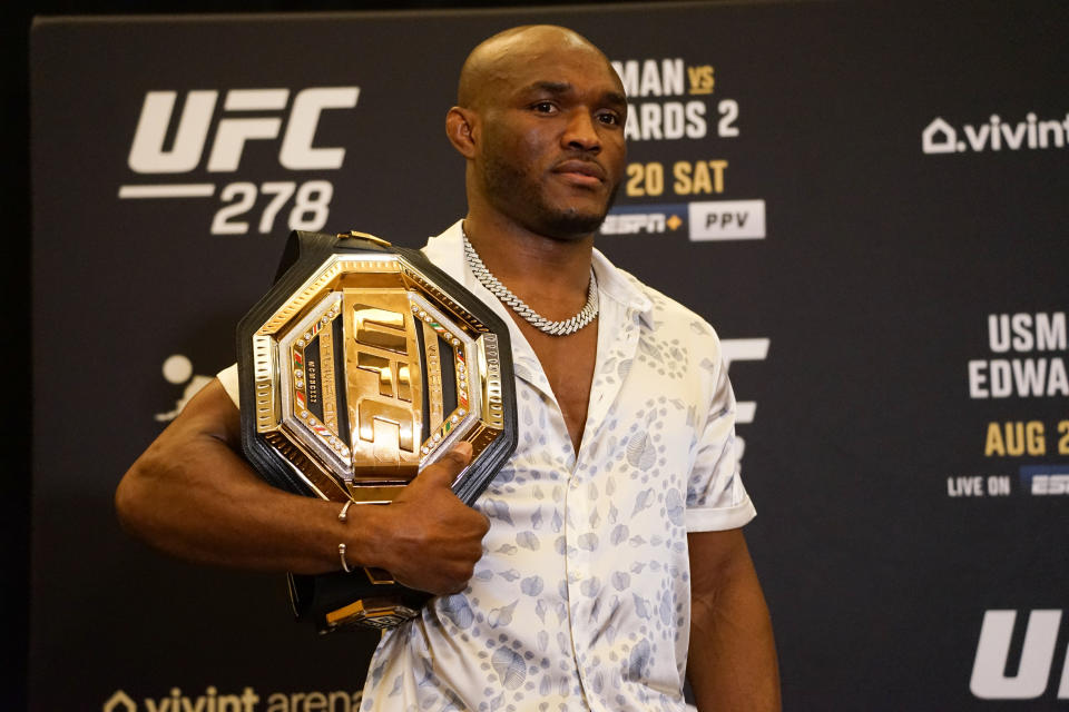SALT LAKE CITY, UT - AUGUST 17: UFC welterweight champion Kamaru Usman speaks to the media during the UFC 278 media day on August 17, 2022, at the Hilton Salt Lake City Center in Salt Lake City, UT. (Photo by Amy Kaplan/Icon Sportswire via Getty Images)