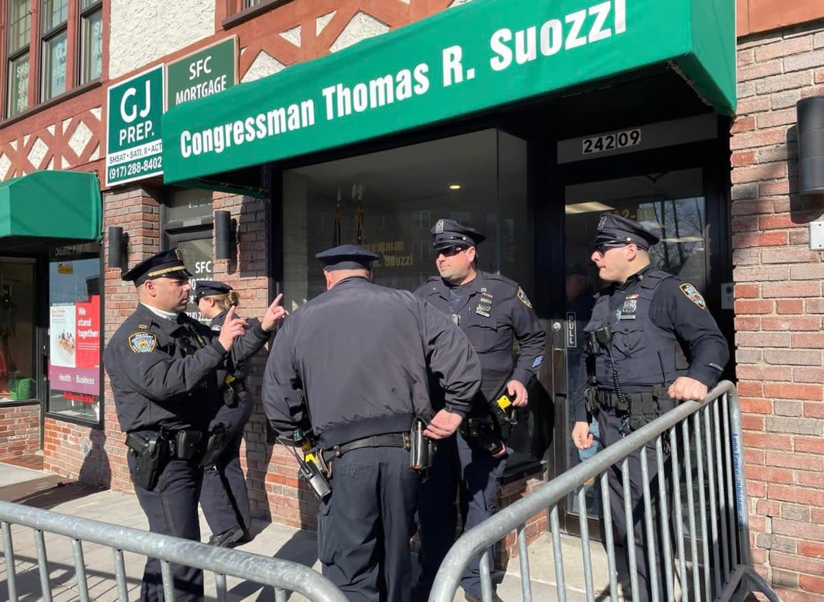 Police erect a barricade outside of George Santo’s district office in Douglaston, Long Island. (Marie Marsina)