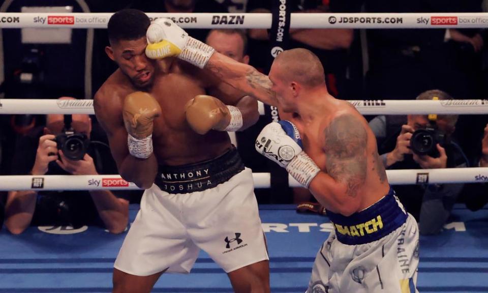 Oleksandr Usyk lands a punch during his win over Anthony Joshua at the Tottenham Hotspur Stadium.