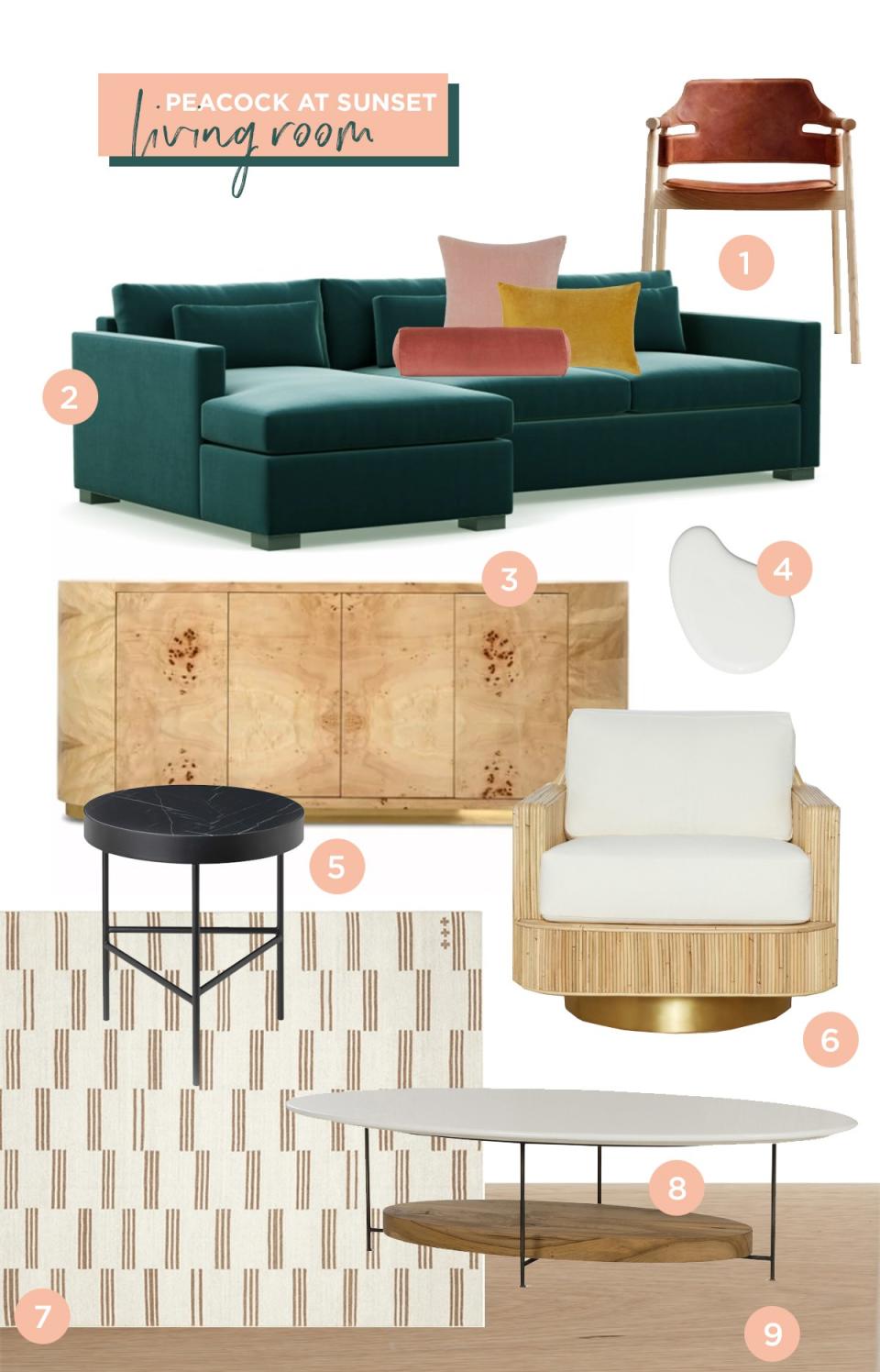 Shown: 1. Perigold desk chair, 2. Interior Define Charley Sleeper Sectional in Malachite velvet with Lulu and Georgia Sunset Pillows, 3. Modshop credenza, 4. Clare Classic paint, 5. Lulu and Georgia side table, 6. Justina Blakeney chair, 7. Sarah Sherman Samuel for Lulu and Georgia rug, 8. Lulu and Georgiacoffee table, 9. Mohawk wood floors in Beachwood Oak.