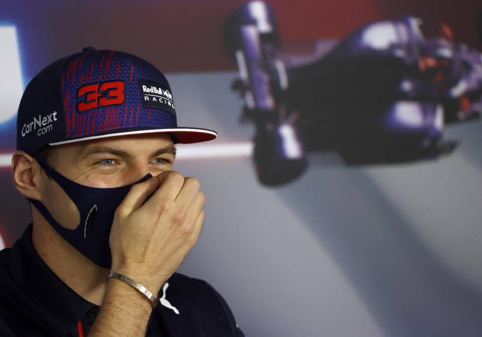 Red Bull driver Max Verstappen of the Netherlands attends a media conference at the Hungaroring racetrack in Mogyorod, Hungary, Thursday, July 29, 2021. The Hungarian Formula One Grand Prix will be held on Sunday. (Florion Goga/Pool via AP)