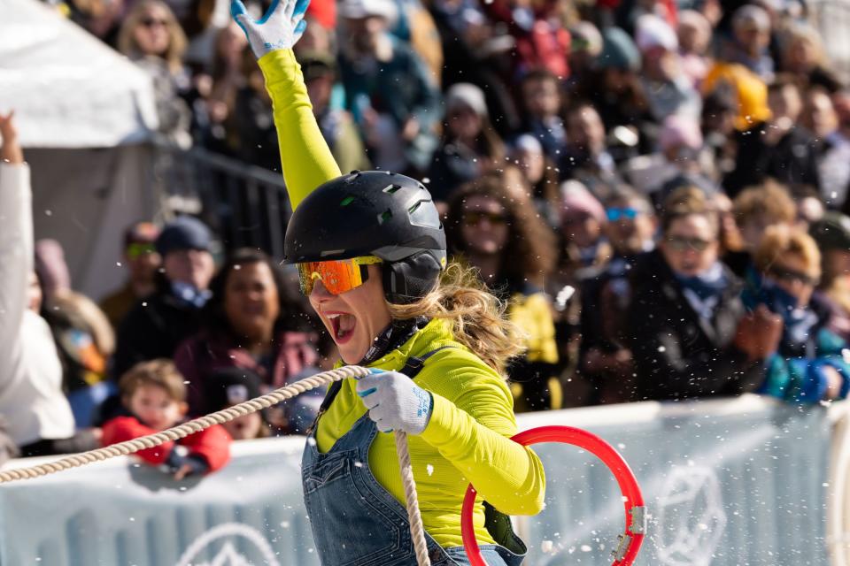 Kate Serpe skis in a skijoring event, part of the Salt Lake Winter Roundup, on West Temple in downtown Salt Lake City on Saturday, Feb. 10, 2024. | Megan Nielsen, Deseret News