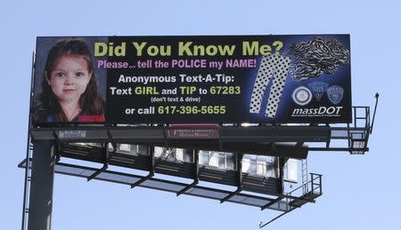 A billboard on Route 95 shows the image of the toddler found on Deer Island, whom police are trying to identify in Canton, Massachusetts, July 20, 2015. REUTERS/MassDOT