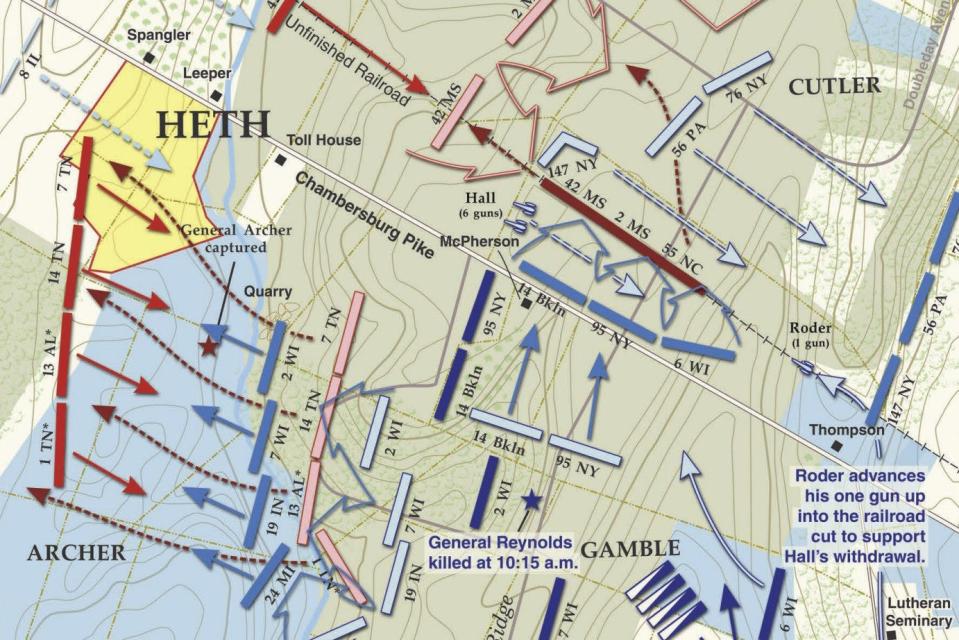 In a snippet from a provided map that depicts fighting between 8:30 a.m. and 11:30 a.m. on July 1, 1863, the property sought to be restored by the American Battlefield Trust is seen highlighted in yellow along Chambersburg Pike.