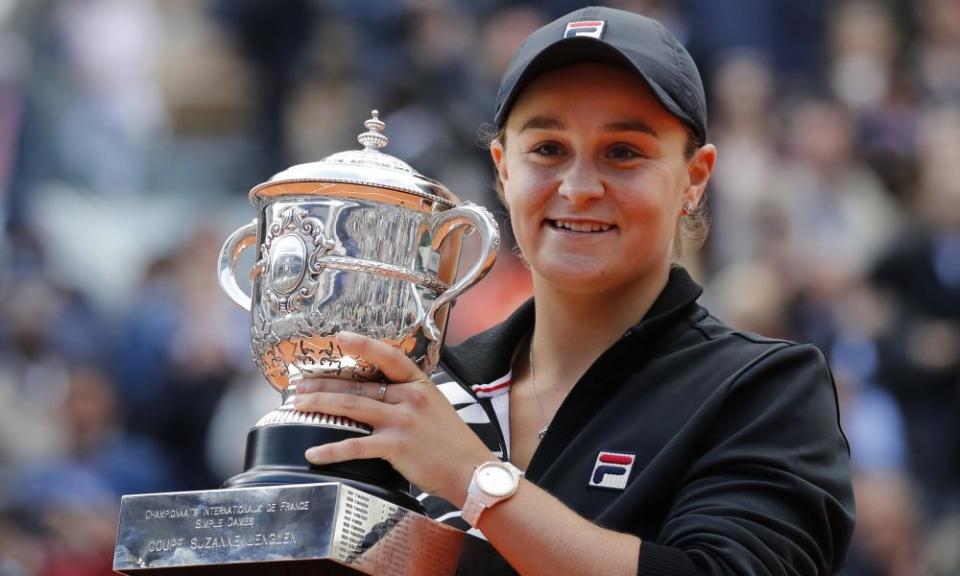 Ashleigh Barty with the trophy after winning the French Open in 2019, a title she opted not to defend this year.